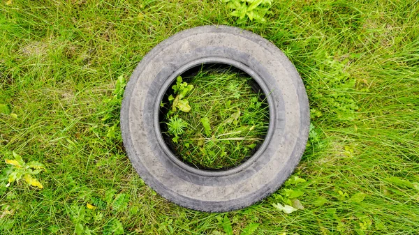 緑の草の上に古い車のタイヤ 緑の草の背景に1つの黒いゴムタイヤ — ストック写真