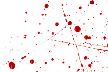 Beyaz arka planda kanlı sıçramalar ve damlalar. Damlayan ve takip eden kırmızı kan (boya)