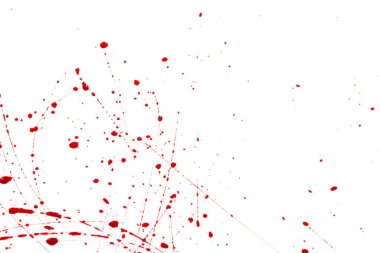 Beyaz arka planda kanlı sıçramalar ve damlalar. Damlayan ve takip eden kırmızı kan (boya)