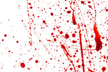 Beyaz arka planda kanlı sıçramalar ve damlalar. Damlayan ve takip eden kırmızı kan (boya)