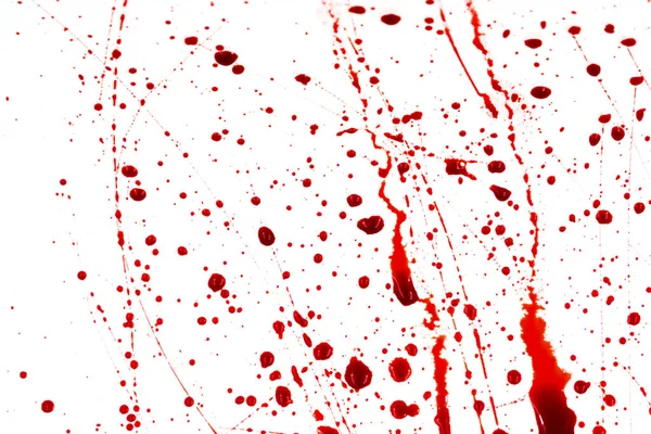 Sângeroase Stropi Picături Fundal Alb Picurare Urmărire Sângelui Roșu Vopsea — Fotografie, imagine de stoc