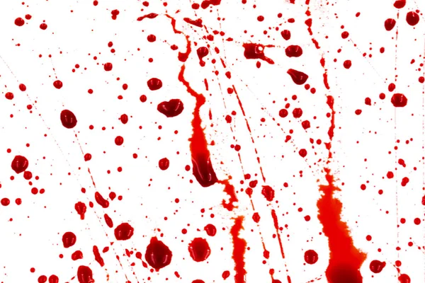 Beyaz arka planda kanlı sıçramalar ve damlalar. Damlayan ve takip eden kırmızı kan (boya)