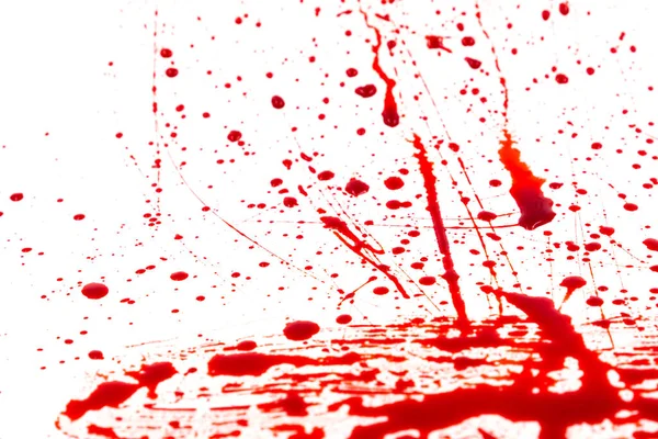 Véres Fröccsenések Cseppek Fehér Háttérrel Csöpögő Következő Vörös Vér Festék — Stock Fotó