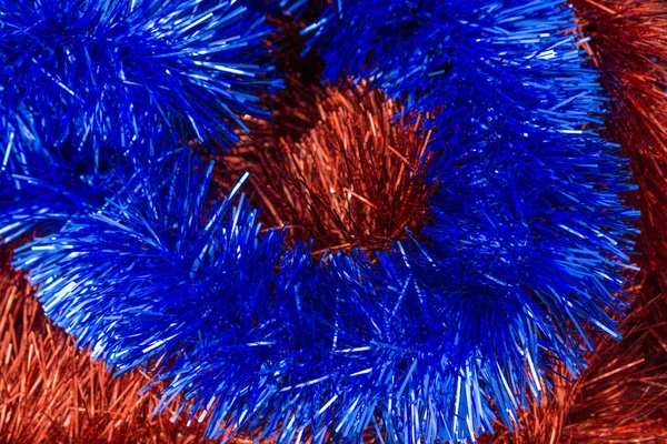 Blauw Rood Tinsel Closeup Achtergrond Textuur — Stockfoto