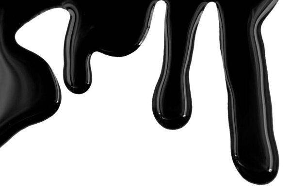 Капающая черная краска изолирована на белом фоне. Поток мазута брызги, капли и след.