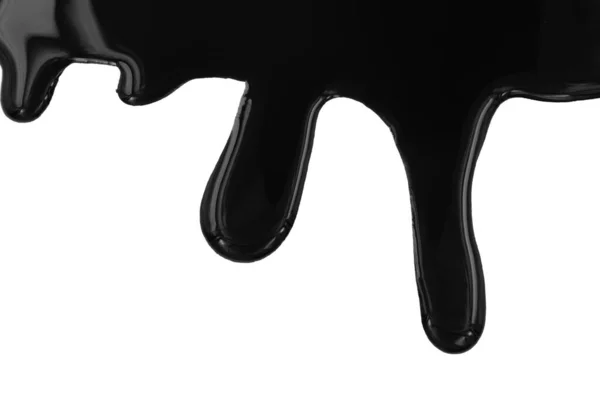 Gocciolante Vernice Nera Isolata Sfondo Bianco Fluenti Spruzzi Olio Combustibile — Foto Stock