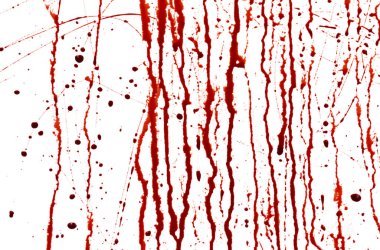 Beyaz arka planda izole edilmiş kan damlıyor. Akan kırmızı kan damlalar, damlalar ve izler