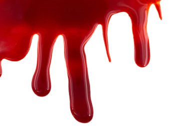Beyaz arka planda izole edilmiş kan damlıyor. Akan kırmızı kan damlalar, damlalar ve izler.