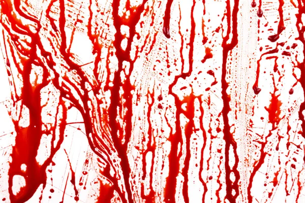 Krew Kapie Białym Tle Płynące Czerwone Plamy Krwi Krople Szlak — Zdjęcie stockowe
