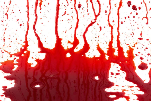 Csöpögő Vér Fehér Háttérrel Folyó Vörös Vér Fröccsenés Cseppek Nyomvonal — Stock Fotó