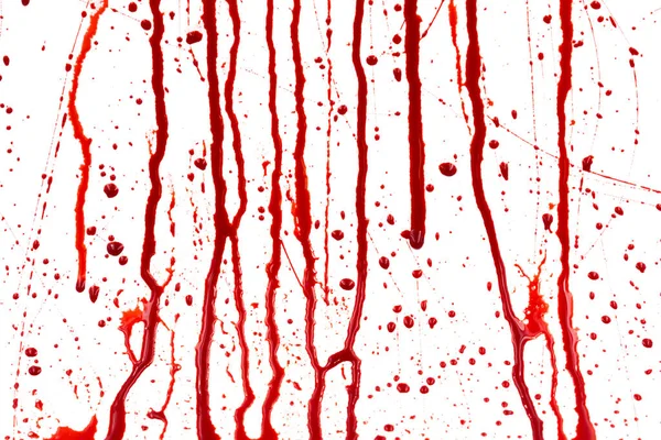 Druipend Bloed Geïsoleerd Witte Achtergrond Stromende Rode Bloedspatten Druppels Sporen — Stockfoto