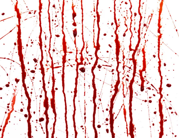 Sangue Gocciolante Isolato Fondo Bianco Sangue Rosso Che Scorre Schizzi — Foto Stock