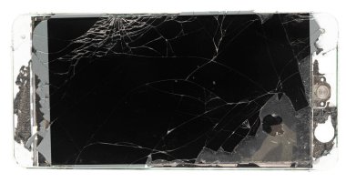 Kırık akıllı telefon beyaz arka planı izole etmiş. Kırık telefon görüntüsü