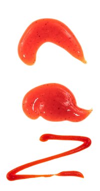 Beyaz arka planda izole edilmiş domates ketçap sosu. Noktalar ve çizgiler ketçap dokusu