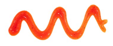 Beyaz arka planda izole edilmiş domates ketçap sosu. Noktalar ve çizgiler ketçap dokusu