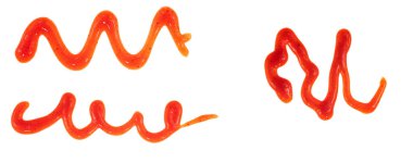 Beyaz arka planda izole edilmiş domates ketçap sosu. Noktalar ve çizgiler ketçap dokusu