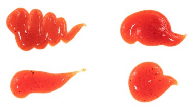 Beyaz arka planda izole edilmiş domates ketçap sosu. Noktalar ve çizgiler ketçap dokusu