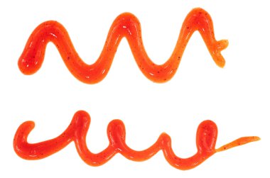 Beyaz arka planda izole edilmiş domates ketçap sosu. Noktalar ve çizgiler ketçap dokusu