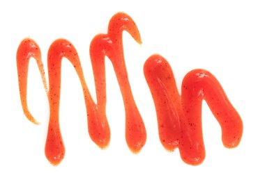 Beyaz arka planda izole edilmiş domates ketçap sosu. Noktalar ve çizgiler ketçap dokusu