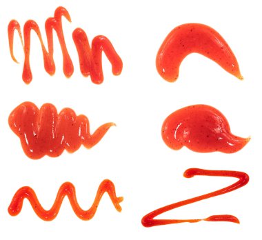 Beyaz arka planda izole edilmiş domates ketçap sosu. Noktalar ve çizgiler ketçap dokusu