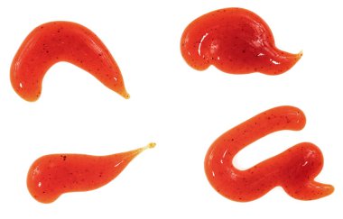 Beyaz arka planda izole edilmiş domates ketçap sosu. Noktalar ve çizgiler ketçap dokusu