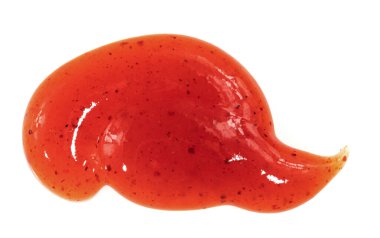 Beyaz arka planda izole edilmiş domates ketçap sosu. Noktalar ve çizgiler ketçap dokusu