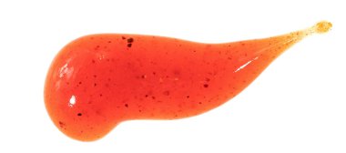 Beyaz arka planda izole edilmiş domates ketçap sosu. Noktalar ve çizgiler ketçap dokusu