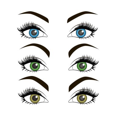 Renkli gözbebekleri ile güzel ve etkileyici kadın gözleri. Vektör grafikleri