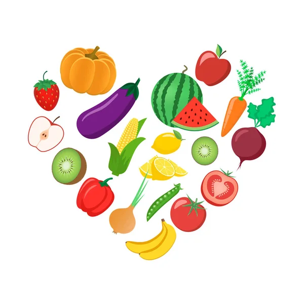 Heart Shaped Vegetables Fruits Vector Illustration — Stock Vector