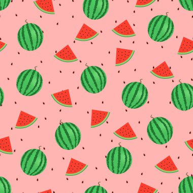 Kırmızı sulu dilimli kusursuz olgun karpuz deseni. Bu meyve tasarımı senin iş projelerin için. Kumaş ve dekor için mükemmel. Güzel vektör arkaplanı.
