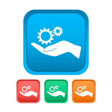 Farklı renklerde güzel bir düğme simgesi. Dişliler ve eller düğmede..