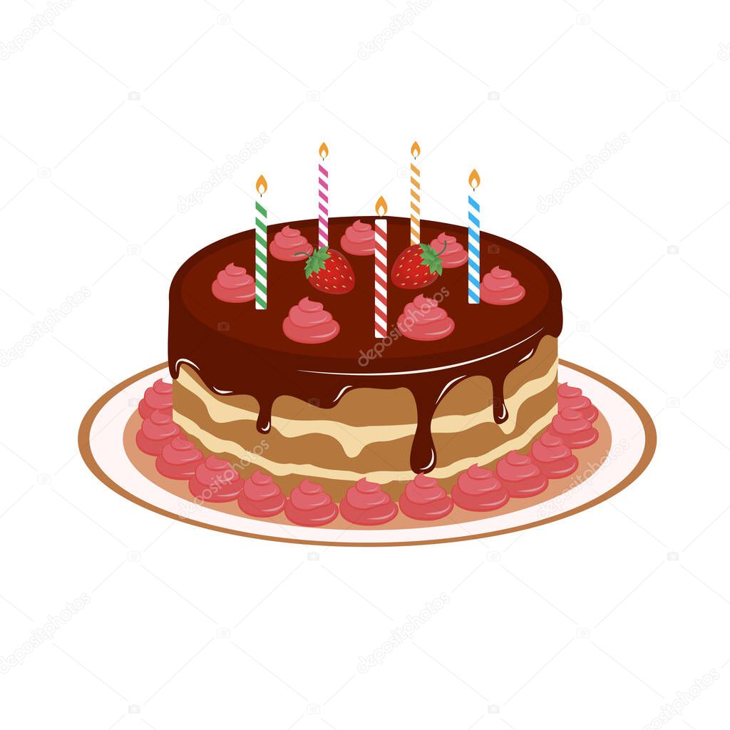 Chocolate cake. Strawberries, cream and candles. Vector illustration