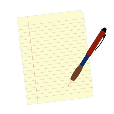 Beyaz bir arka planda defter ve kalem. Notlar ve çizimler için.