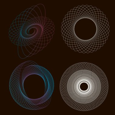 Siyah arka planda bir dizi spirograf. Spirograph soyut ögesi.
