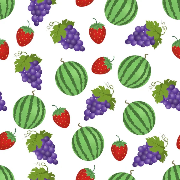 熟したジューシーなスイカ おいしいブドウ 甘いイチゴのシームレスなパターン あなたのビジネスプロジェクトのためのこのフルーツデザイン ファブリックや装飾に最適です 美しいベクトル背景 — ストックベクタ