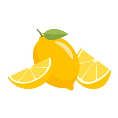 Limon ve dilimlenmiş parçalar beyaz bir tabakta. Olgun ve taze meyve. Limon simgesi ve logo.