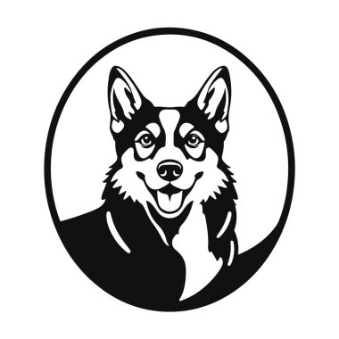 Köpek portresi tasviri, evcil hayvan grafik sanatı, evcil köpek yüzü sembolü, köpek kafası çizimi.