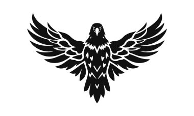 Kartal logo şablonu. Kanatları açık siyah beyaz bir kartal silueti. Simetrik ve şık logo, damgalama ve amblemler için mükemmel.