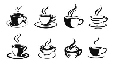 Sıcak kahve fincanı seti, dumanı tüten kahve ikonları, siyah kahve silueti, espresso bardağı vektörü, kafe içeceği sembolleri.