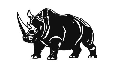 Gergedan vektör illüstrasyonu, güçlü vahşi hayvan tasarımı, siyah beyaz gergedan grafiği, safari canavarı logosu, boynuzlu memeli sanatı.