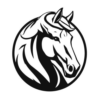At logosu şablonu. Zarif yeleli bir at kafasının siyah beyaz silueti. Markalaşma, tasarım ve baskı için zarif minimalist logo