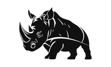 Gergedan vektör illüstrasyonu, güçlü vahşi hayvan tasarımı, siyah beyaz gergedan grafiği, safari canavarı logosu, boynuzlu memeli sanatı.