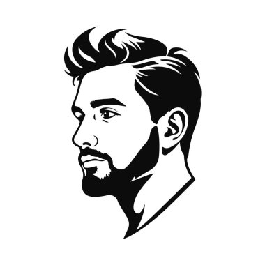 Kalın saçlı, dolgun sakallı stilize erkek yüzü, güçlü ifade, kalın çizgiler, monokrom vektör portre, hippi tarzı, sakallı adam, modern saç kesimi, erkeksi yüz, vektör portresi