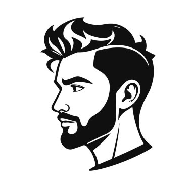 Kalın saçlı, dolgun sakallı stilize erkek yüzü, güçlü ifade, kalın çizgiler, monokrom vektör portre, hippi tarzı, sakallı adam, modern saç kesimi, erkeksi yüz, vektör portresi