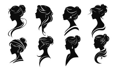 Zarif kadın siluetleri koleksiyonu, kadın profili, güzellik salonu logosu, kadın yüz hatları, şık kız kafa tasarımı