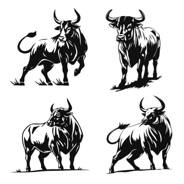 Boğa vektör çizimi, güçlü vahşi boğa tasarımı, saldırgan hayvan, sığırlı siyah beyaz grafik, güçlü canavar logosu