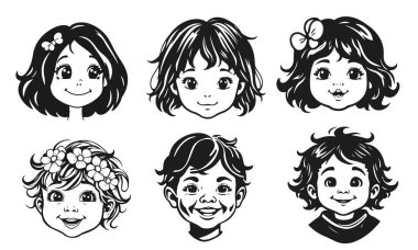 Tatlı çocuk yüzleri, çizgi film çocukları, duygusal bebek ifadeleri, siyah beyaz karakterler.