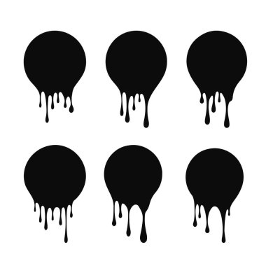 Siyah boya damlaları, akan siyah sıvı, dökülen boya, mürekkep lekeleri, vektör çizimleri, yağ damlaları veya çikolata damlaları.