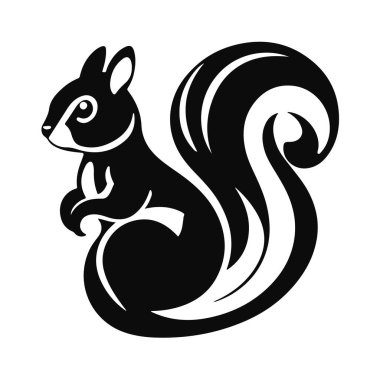 Şirin sincap çizimi, siyah beyaz hayvan logosu, orman yaratığı tasarımı, çizgi film karakteri, vahşi yaşam vektör sanatı.