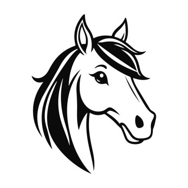 At logosu şablonu. Zarif yeleli bir at kafasının siyah beyaz silueti. Markalaşma, tasarım ve baskı için zarif minimalist logo
